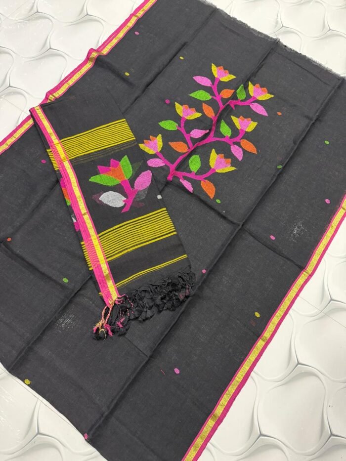 Premium Pure Linen Top & Dupatta Set with Woven Floral Vine Motifs