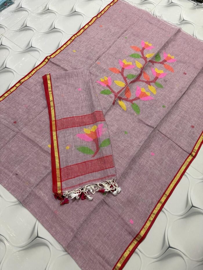 Premium Pure Linen Top & Dupatta Set with Woven Floral Vine Motifs