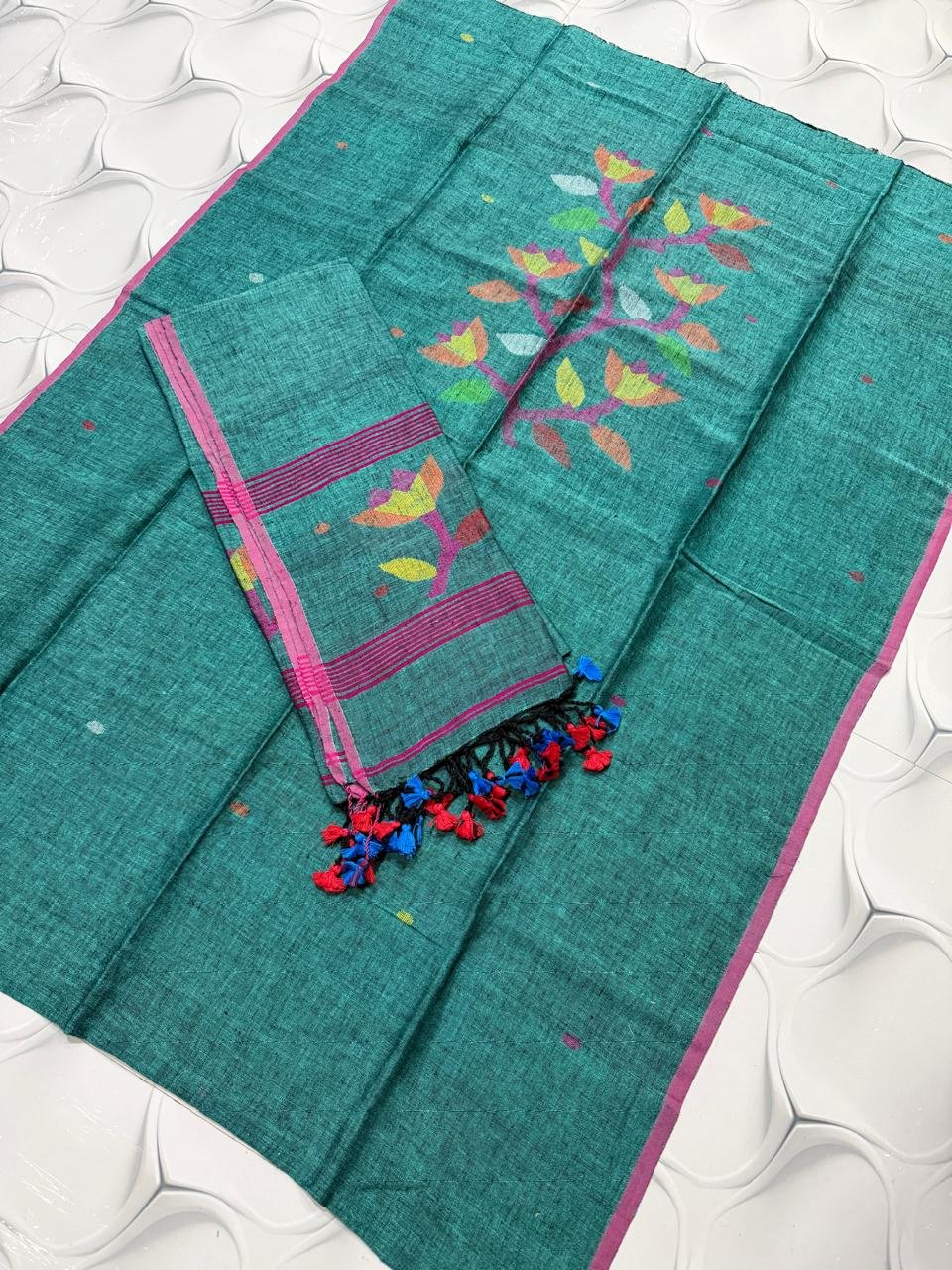 Premium Pure Linen Top & Dupatta Set with Woven Floral Vine Motifs