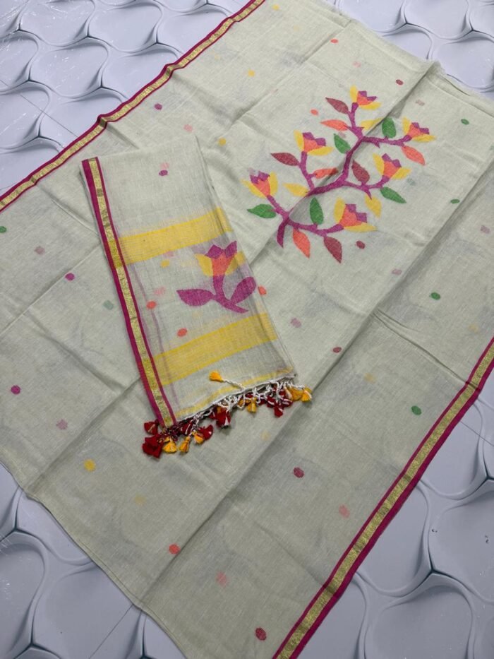 Premium Pure Linen Top & Dupatta Set with Woven Floral Vine Motifs
