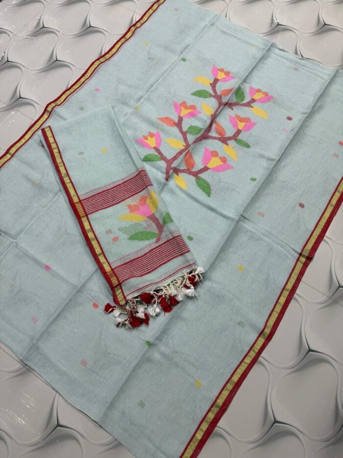 Premium Pure Linen Top & Dupatta Set with Woven Floral Vine Motifs
