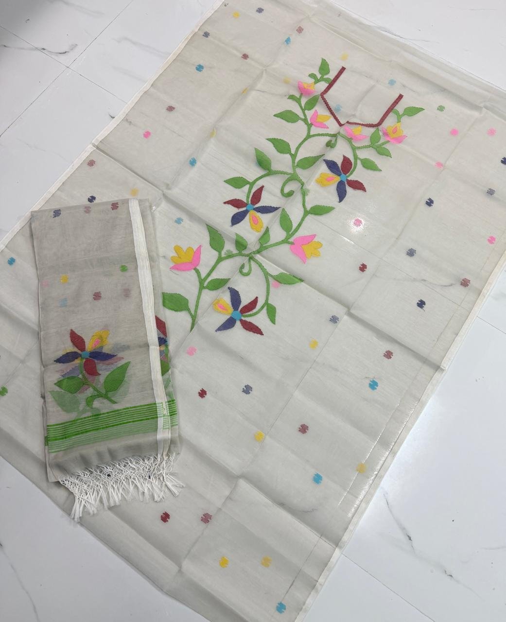 Premium Muslin Top & Dupatta Set with Jamdani Floral Vine Motifs