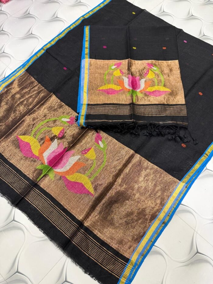 Premium Linen Paithani Top & Dupatta Set with Woven Zari Lotus Pallu