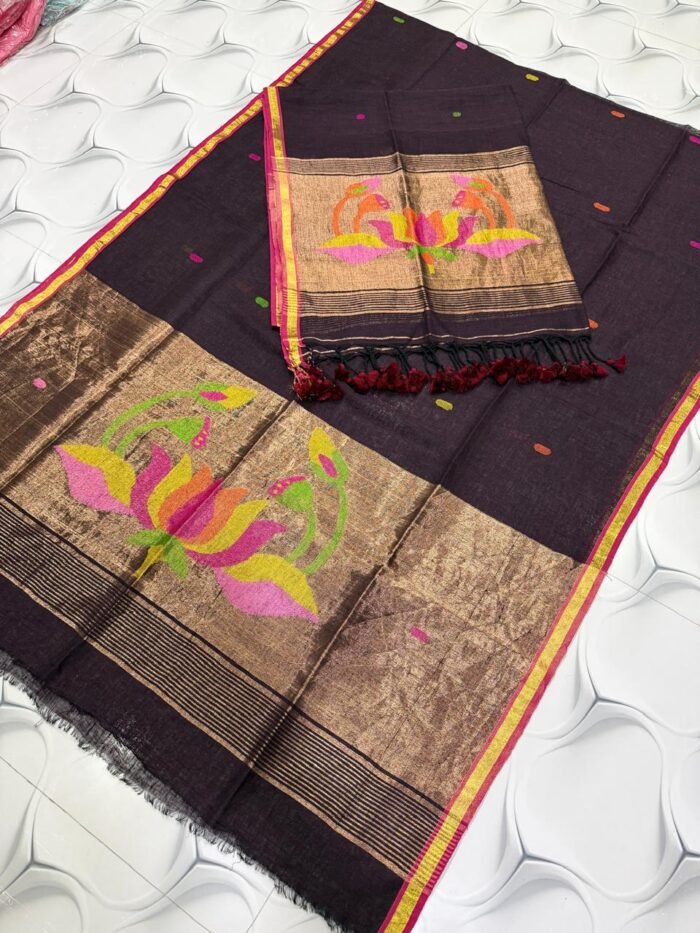 Premium Linen Paithani Top & Dupatta Set with Woven Zari Lotus Pallu