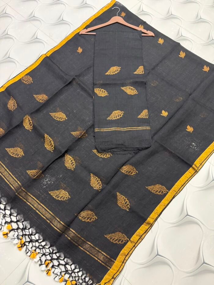 Artisanal Pure Linen Top & Dupatta Set with Floral Zari Border