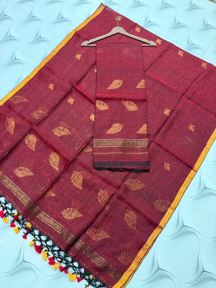 Artisanal Pure Linen Top & Dupatta Set with Floral Zari Border