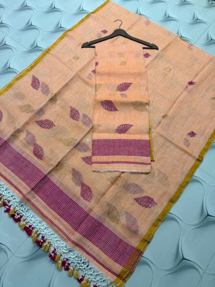 Artisanal Pure Linen Top & Dupatta Set with Floral Zari Border