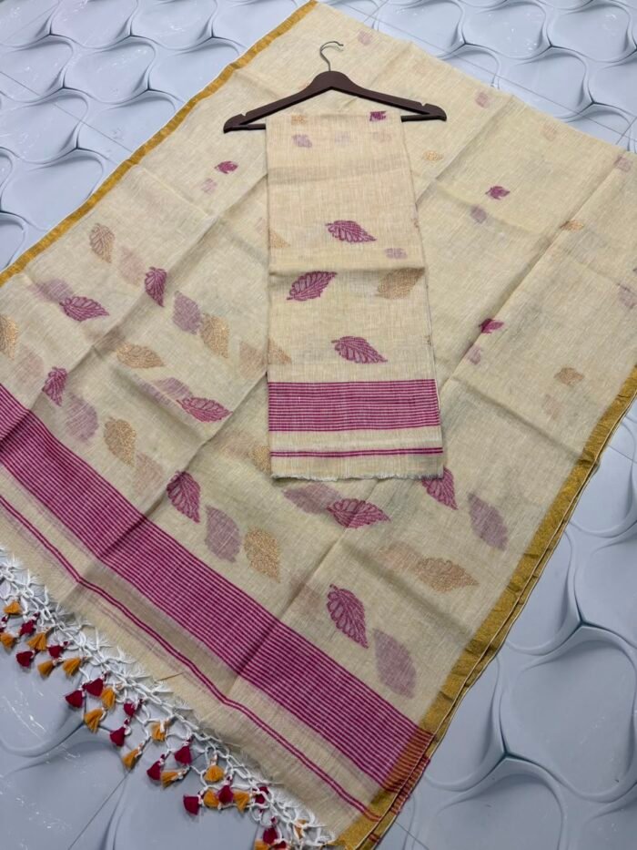 Artisanal Pure Linen Top & Dupatta Set with Floral Zari Border