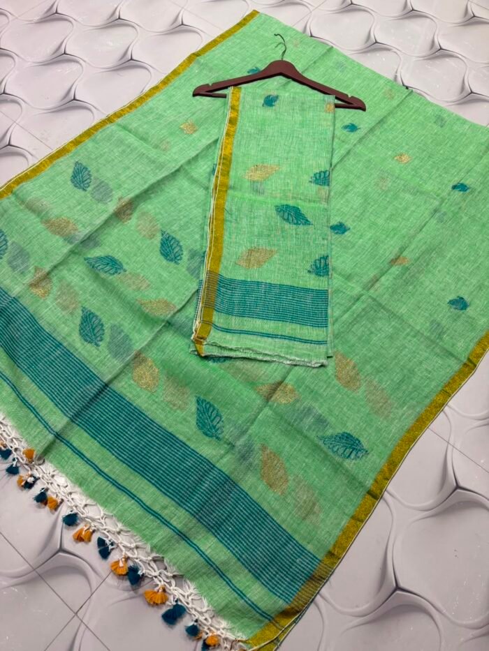Elegant Off-White Pure Linen Top & Dupatta Set with Floral Border and Magenta Tassels