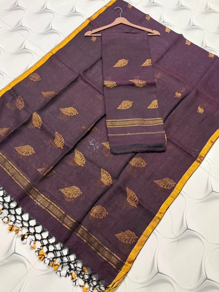 Artisanal Pure Linen Top & Dupatta Set with Floral Zari Border