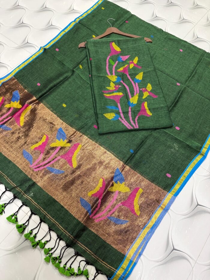 Premium Linen Paithani Top & Dupatta Set with Woven Tissue Zari and Bird Motifs