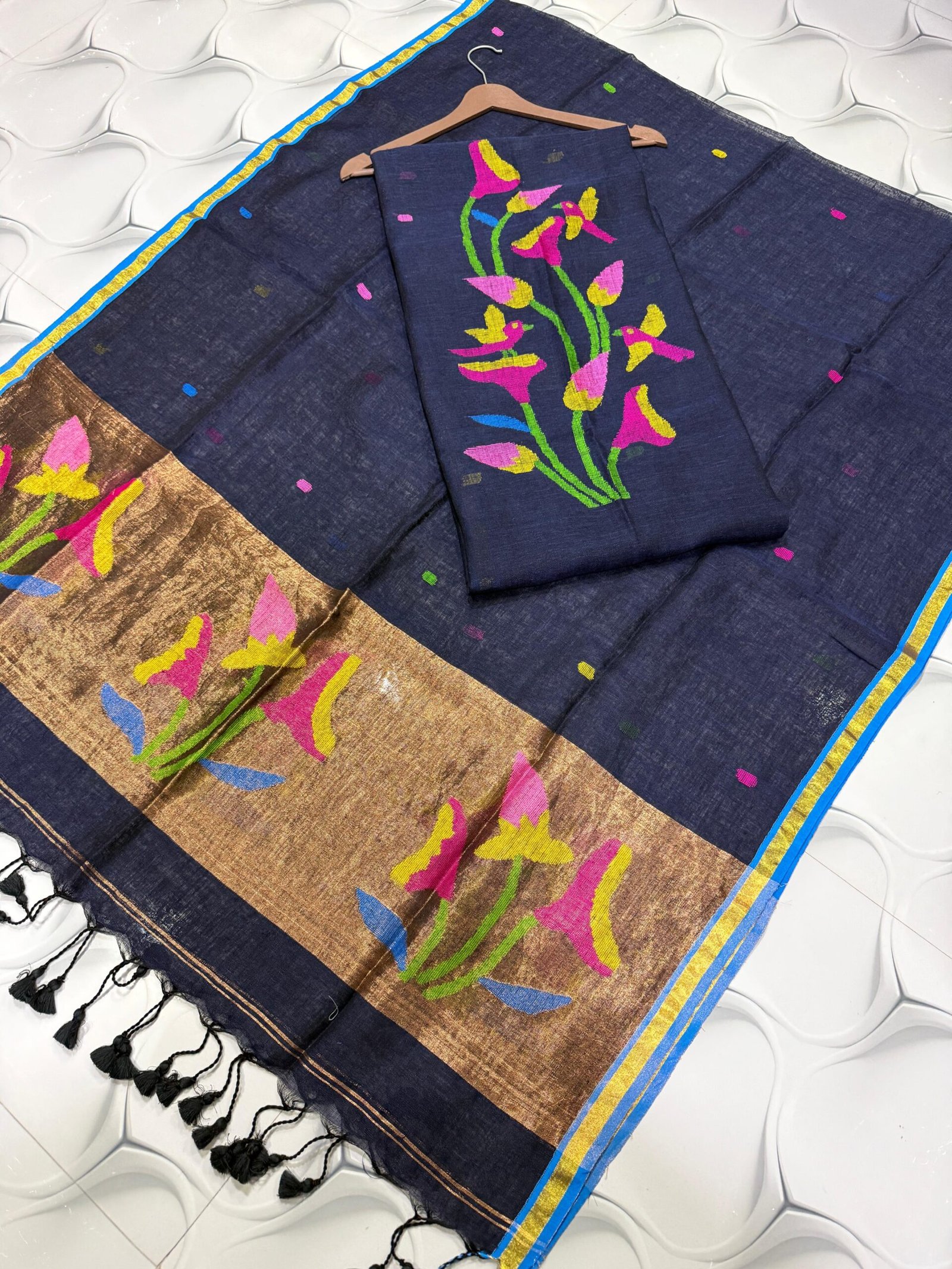 Premium Linen Paithani Top & Dupatta Set with Woven Tissue Zari and Bird Motifs