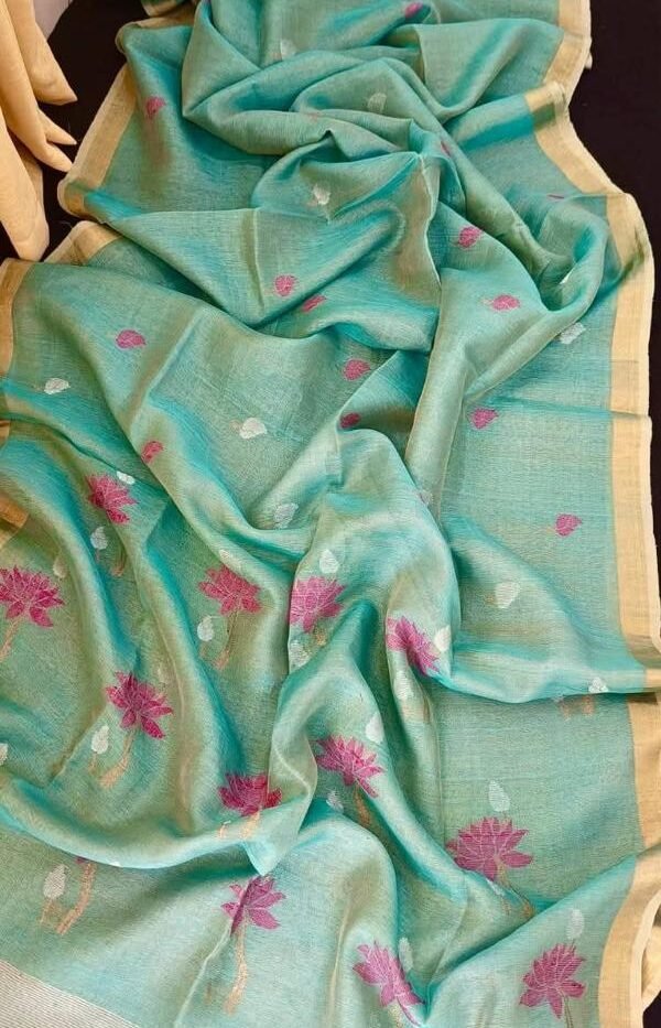 Elegant Tissue Linen Saree with Woven Lotus Motifs and Running Blouse Piece