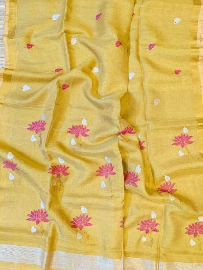 Elegant Tissue Linen Saree with Woven Lotus Motifs and Running Blouse Piece