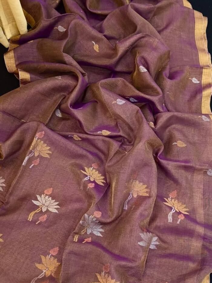 Elegant Tissue Linen Saree with Woven Lotus Motifs and Running Blouse Piece