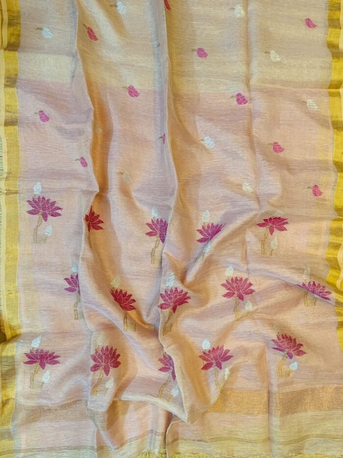 Elegant Tissue Linen Saree with Woven Lotus Motifs and Running Blouse Piece