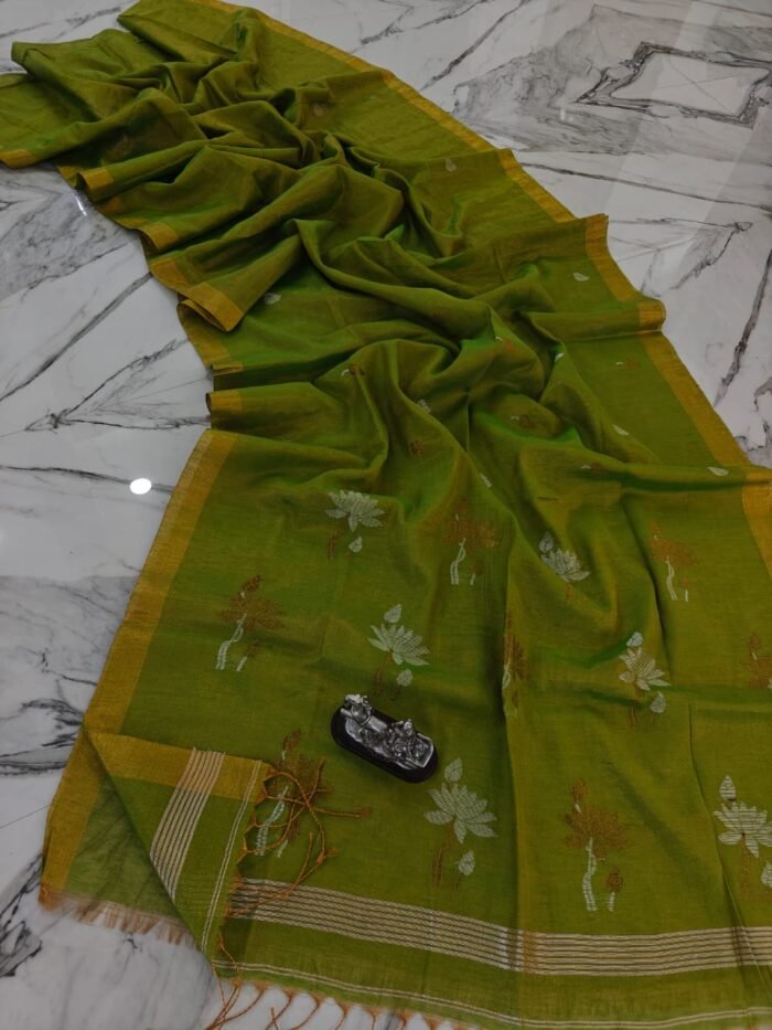 Elegant Tissue Linen Saree with Woven Lotus Motifs and Running Blouse Piece