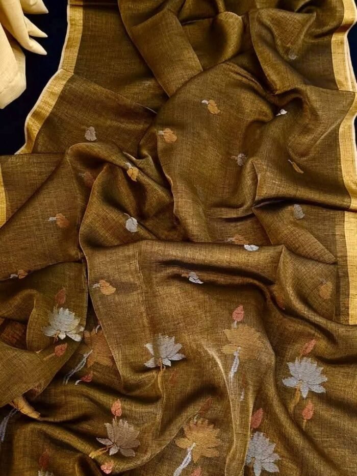 Elegant Tissue Linen Saree with Woven Lotus Motifs and Running Blouse Piece