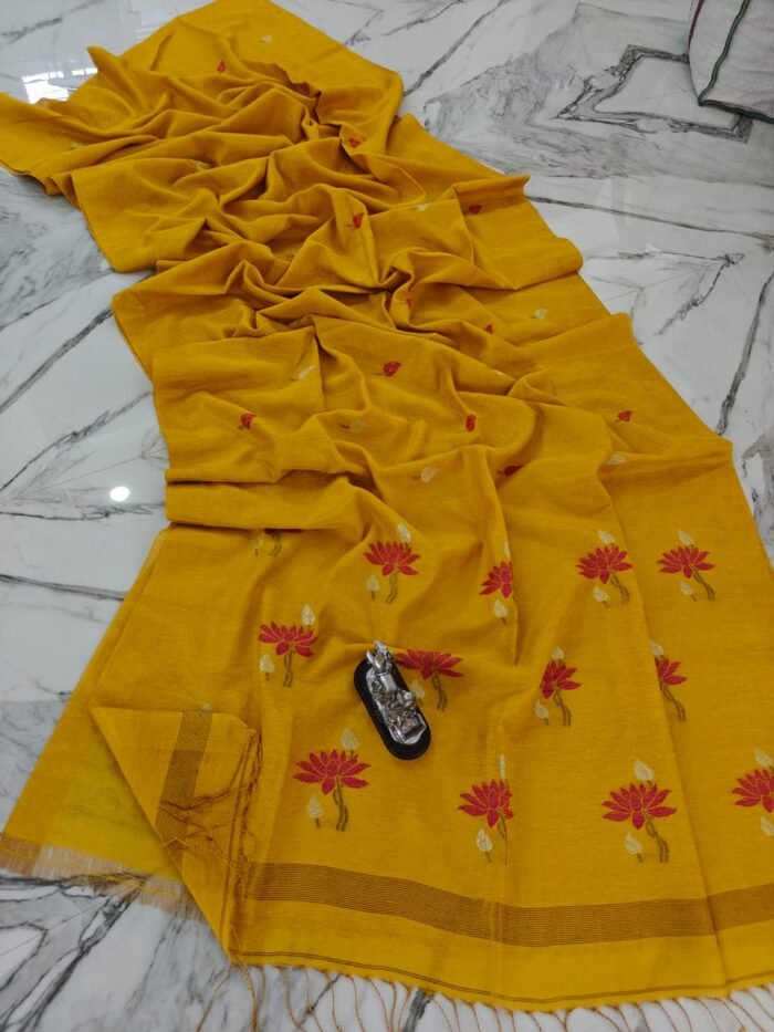 Elegant Tissue Linen Saree with Woven Lotus Motifs and Running Blouse Piece