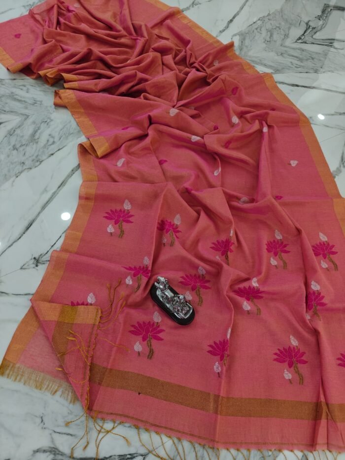 Elegant Tissue Linen Saree with Woven Lotus Motifs and Running Blouse Piece