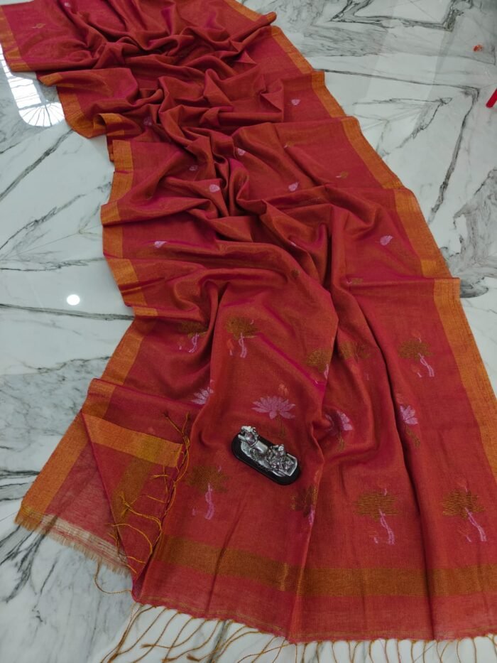 Elegant Tissue Linen Saree with Woven Lotus Motifs and Running Blouse Piece