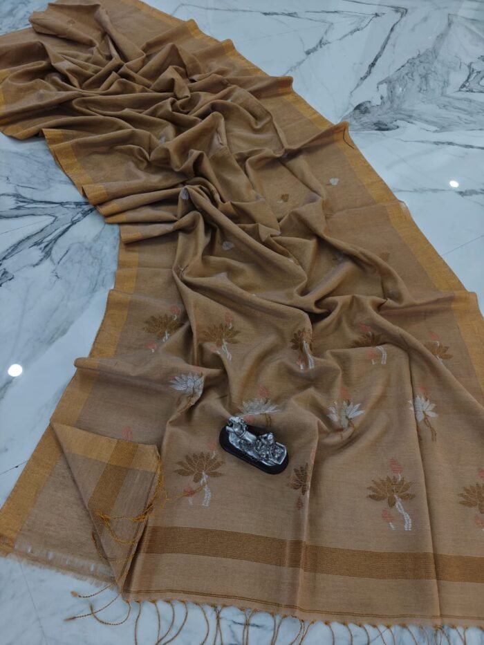 Elegant Tissue Linen Saree with Woven Lotus Motifs and Running Blouse Piece