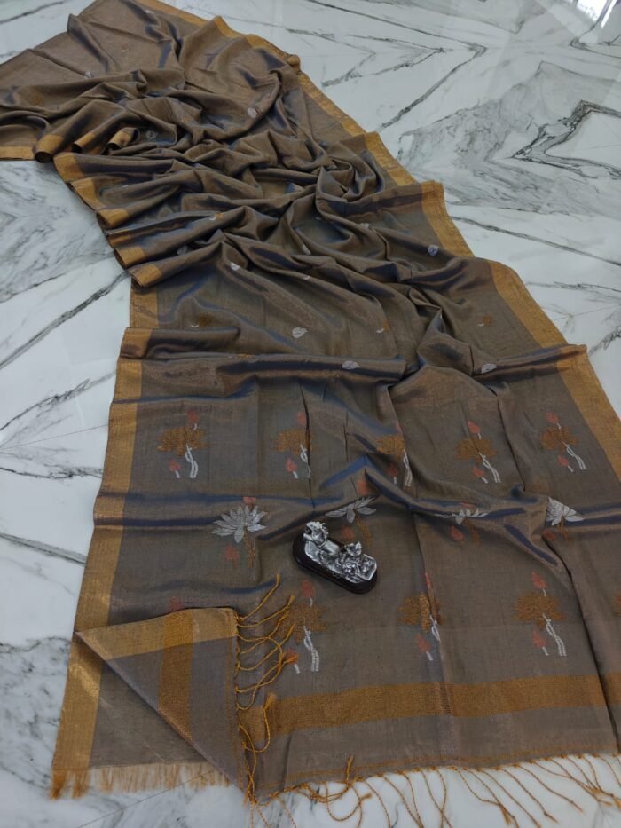 Elegant Tissue Linen Saree with Woven Lotus Motifs and Running Blouse Piece
