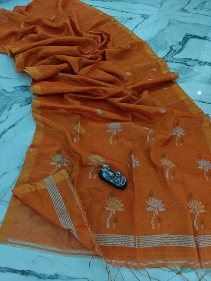 Elegant Tissue Linen Saree with Woven Lotus Motifs and Running Blouse Piece