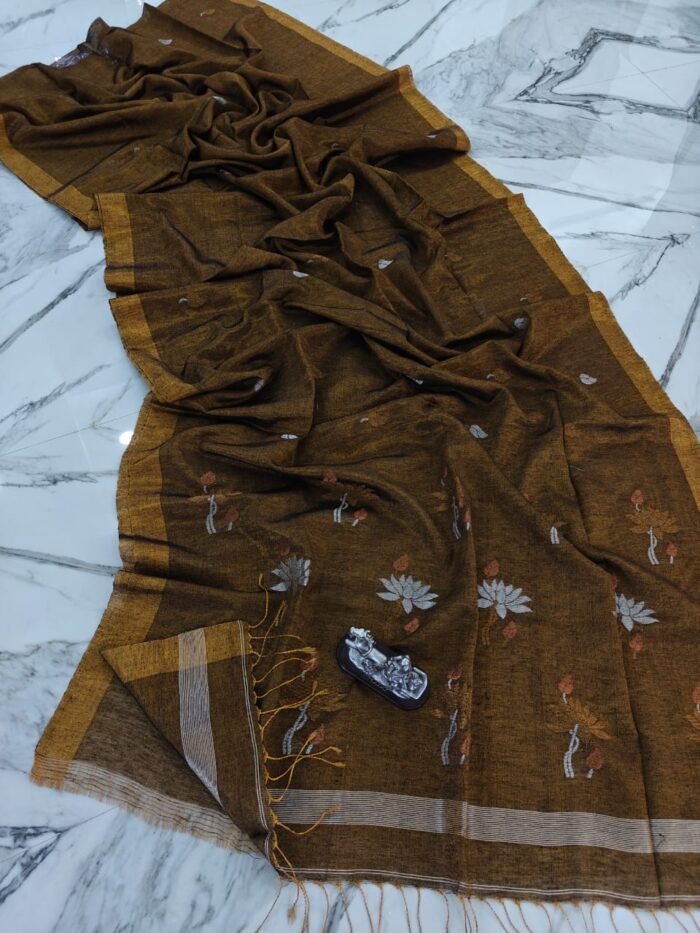 Elegant Tissue Linen Saree with Woven Lotus Motifs and Running Blouse Piece