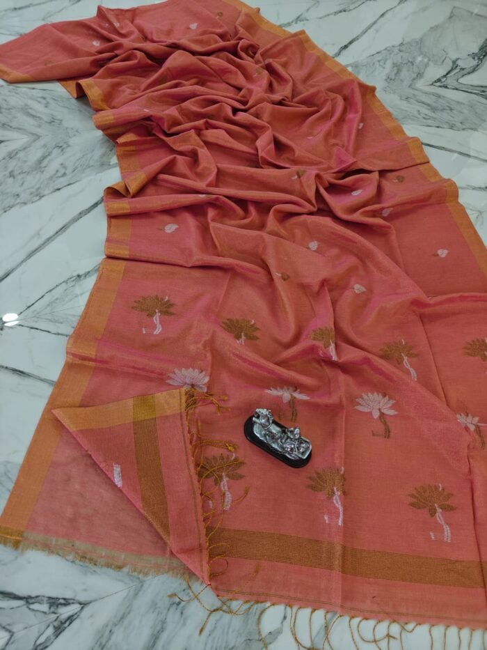 Elegant Tissue Linen Saree with Woven Lotus Motifs and Running Blouse Piece