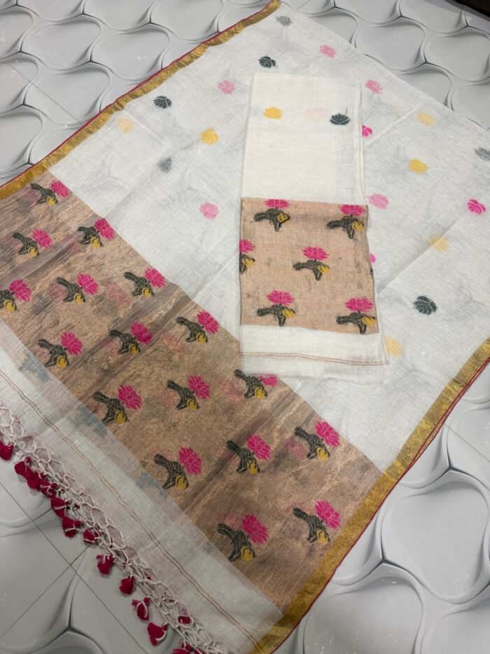 Premium Linen Unstitched Suite with Floral Jamdani Border & Zari Accents