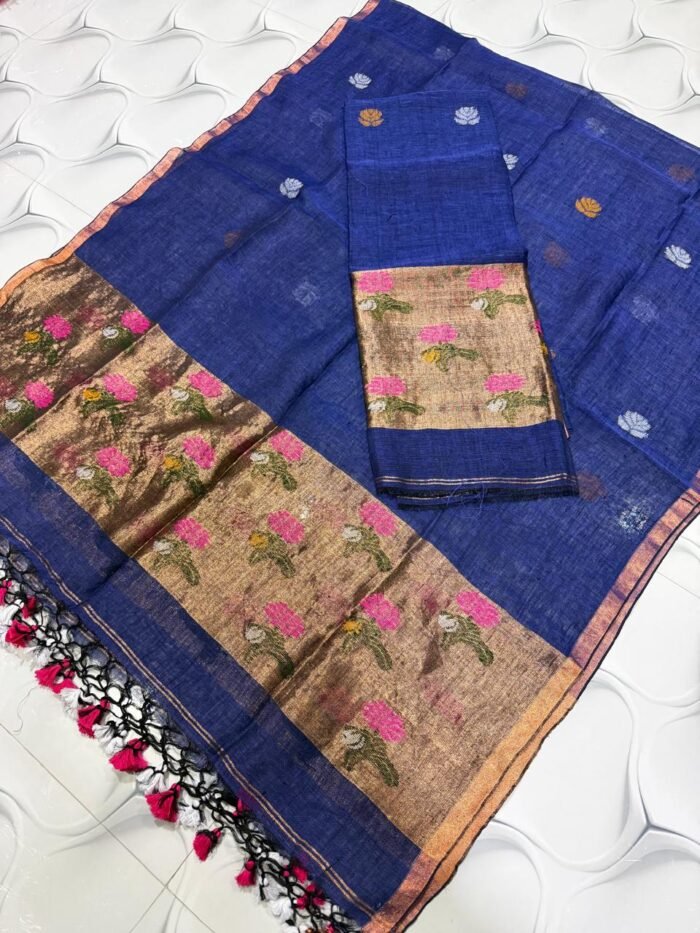 Premium Linen Unstitched Suite with Floral Jamdani Border & Zari Accents