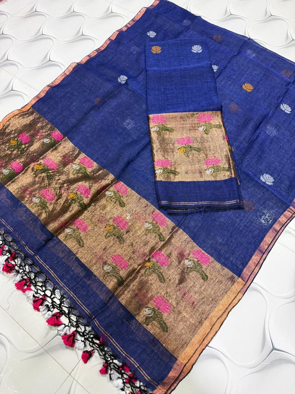 Premium Linen Unstitched Suite with Floral Jamdani Border & Zari Accents