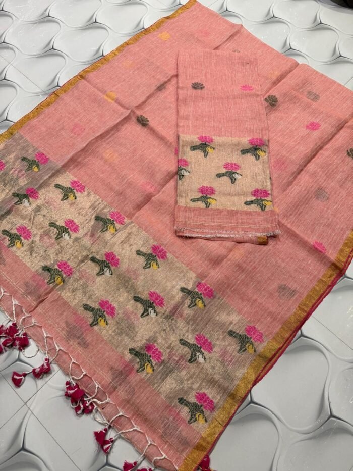Premium Linen Unstitched Suite with Floral Jamdani Border & Zari Accents