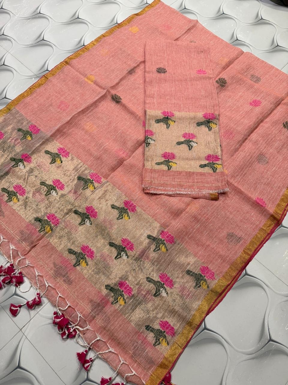 Premium Linen Unstitched Suite with Floral Jamdani Border & Zari Accents