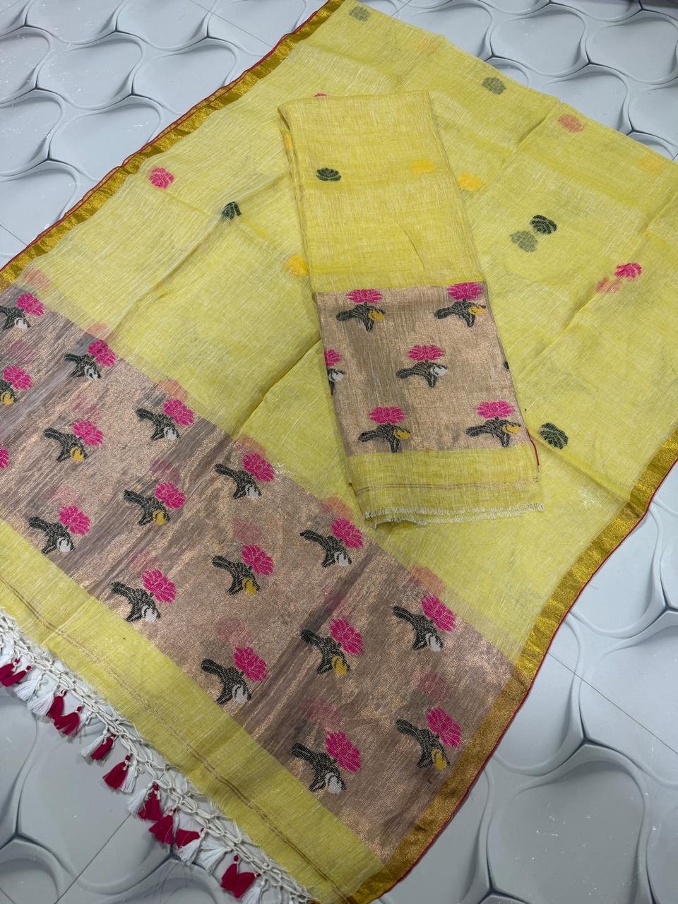 Premium Linen Unstitched Suite with Floral Jamdani Border & Zari Accents