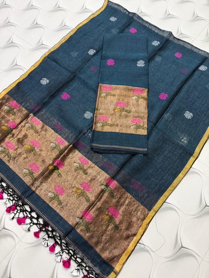 Premium Linen Unstitched Suite with Floral Jamdani Border & Zari Accents