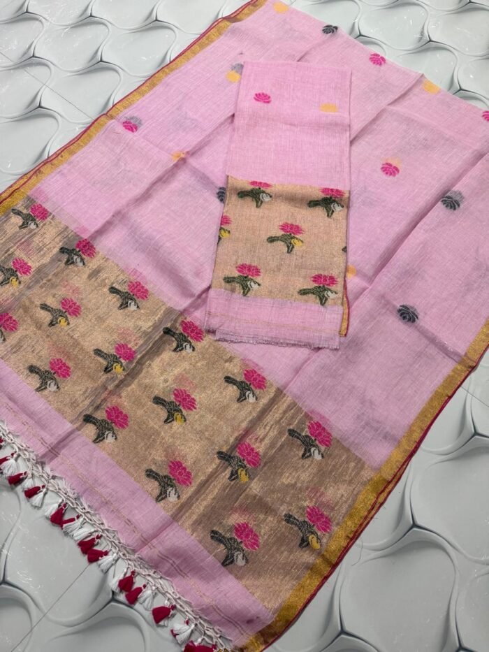 Premium Linen Unstitched Suite with Floral Jamdani Border & Zari Accents
