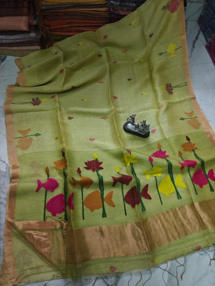 100% Pure Jayashree Tissue Resham Linen Saree with Woven Fish & Lotus Motifs
