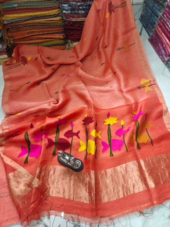 100% Pure Jayashree Tissue Resham Linen Saree with Woven Fish & Lotus Motifs