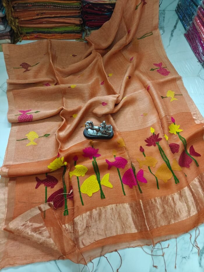 100% Pure Jayashree Tissue Resham Linen Saree with Woven Fish & Lotus Motifs