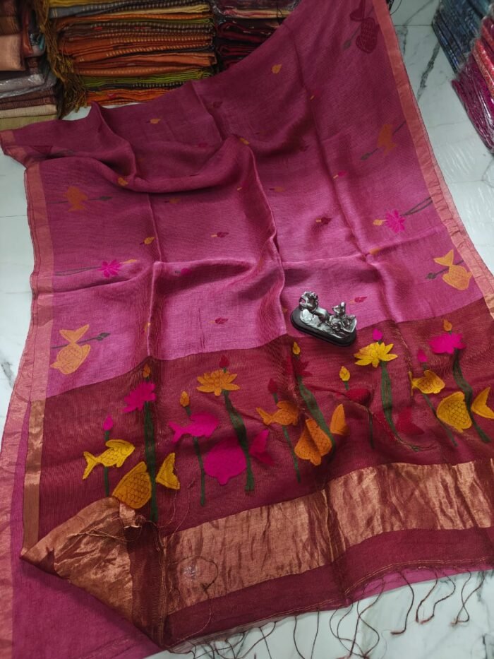100% Pure Jayashree Tissue Resham Linen Saree with Woven Fish & Lotus Motifs