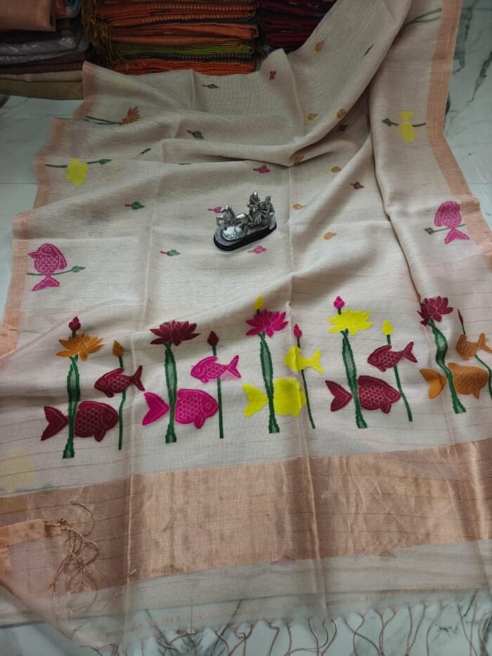 100% Pure Jayashree Tissue Resham Linen Saree with Woven Fish & Lotus Motifs