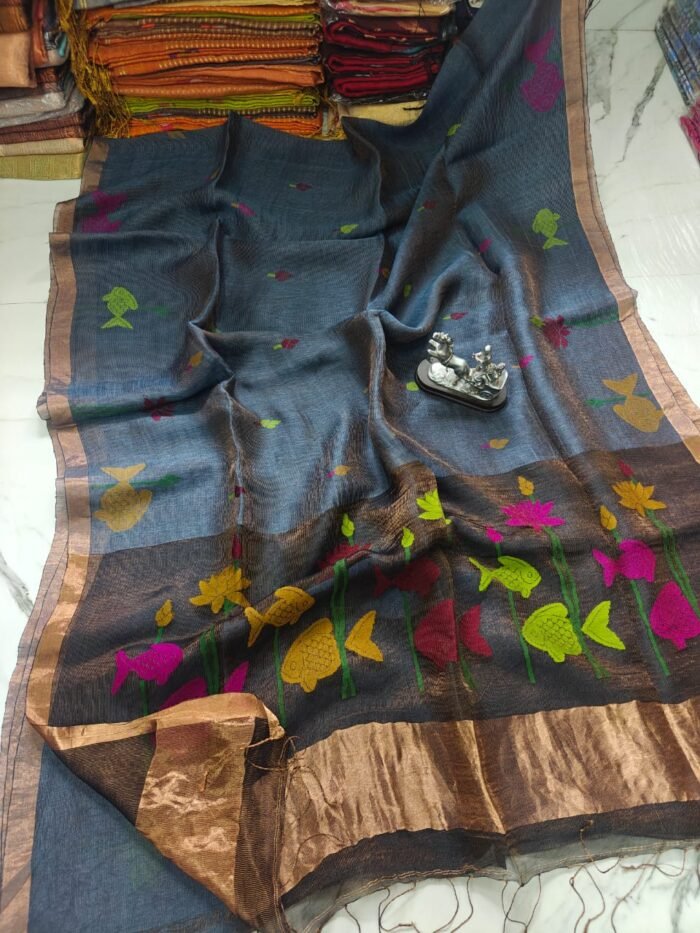 100% Pure Jayashree Tissue Resham Linen Saree with Woven Fish & Lotus Motifs