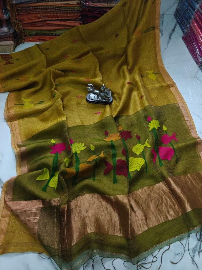 100% Pure Jayashree Tissue Resham Linen Saree with Woven Fish & Lotus Motifs
