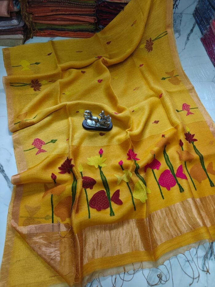 100% Pure Jayashree Tissue Resham Linen Saree with Woven Fish & Lotus Motifs