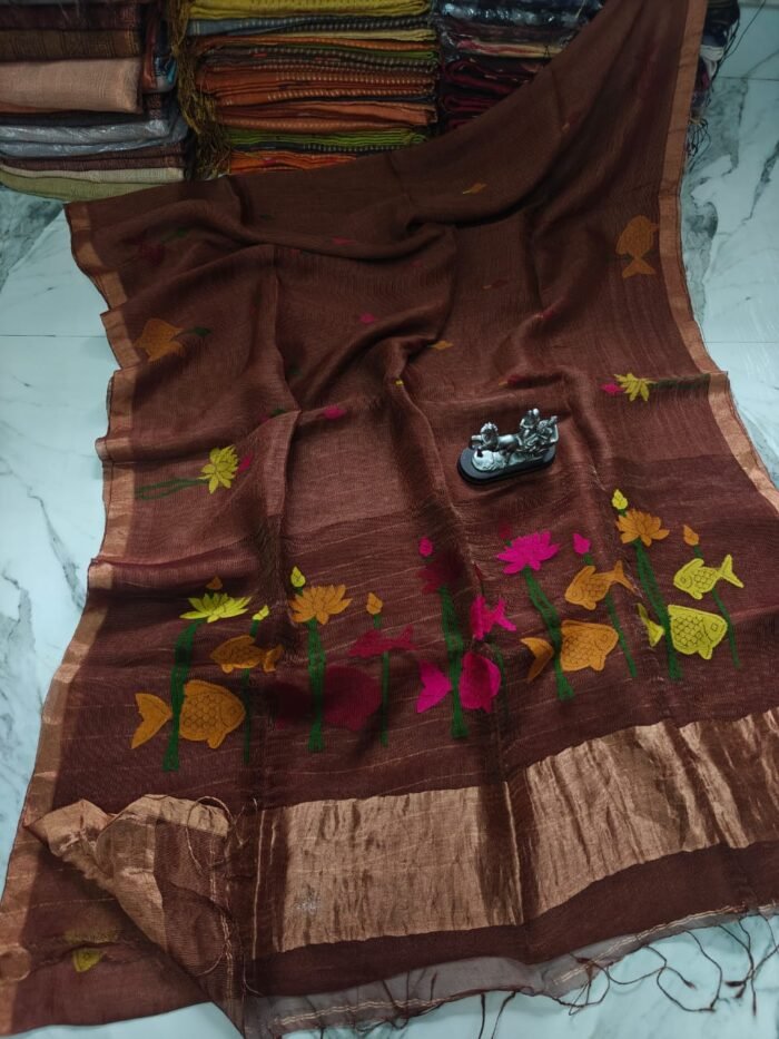 100% Pure Jayashree Tissue Resham Linen Saree with Woven Fish & Lotus Motifs