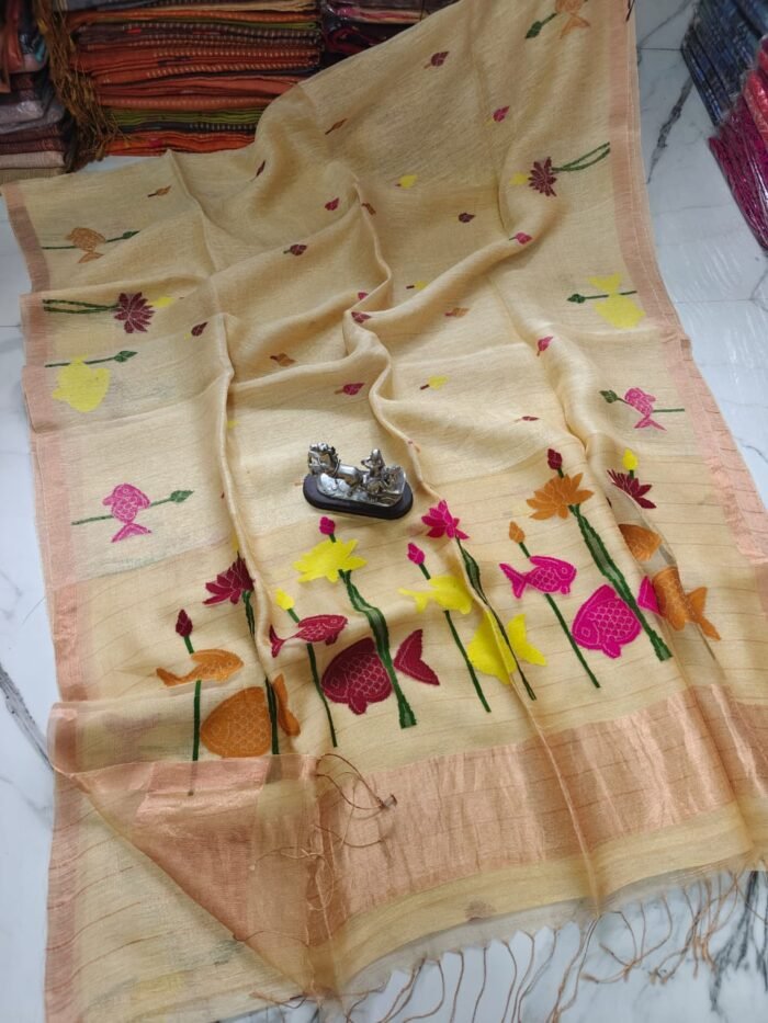 100% Pure Jayashree Tissue Resham Linen Saree with Woven Fish & Lotus Motifs