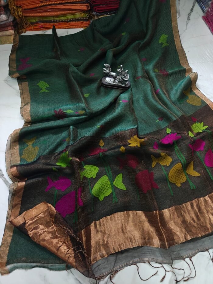 100% Pure Jayashree Tissue Resham Linen Saree with Woven Fish & Lotus Motifs