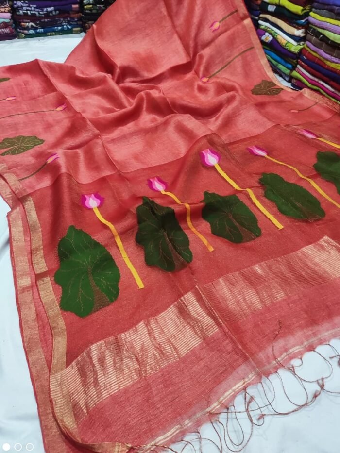 100% Pure Jayashree Tissue Resham Linen Saree with Woven Lotus & Leaf Motifs